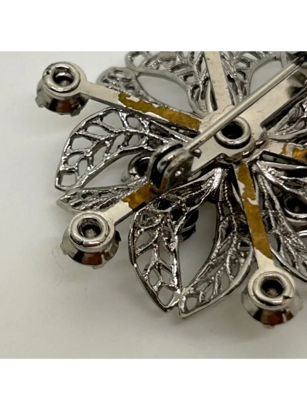 Vintage Silver Tone Rhinestone Brooch Pin Clear Crystal Floral Filigree Mid Cent
